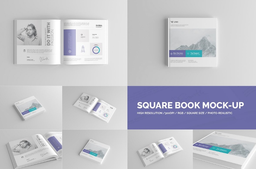 Clean Square Book Mockup PSD Set