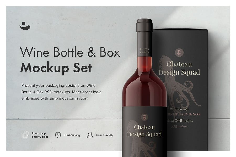 Wine Bottle and Box Mockup Set