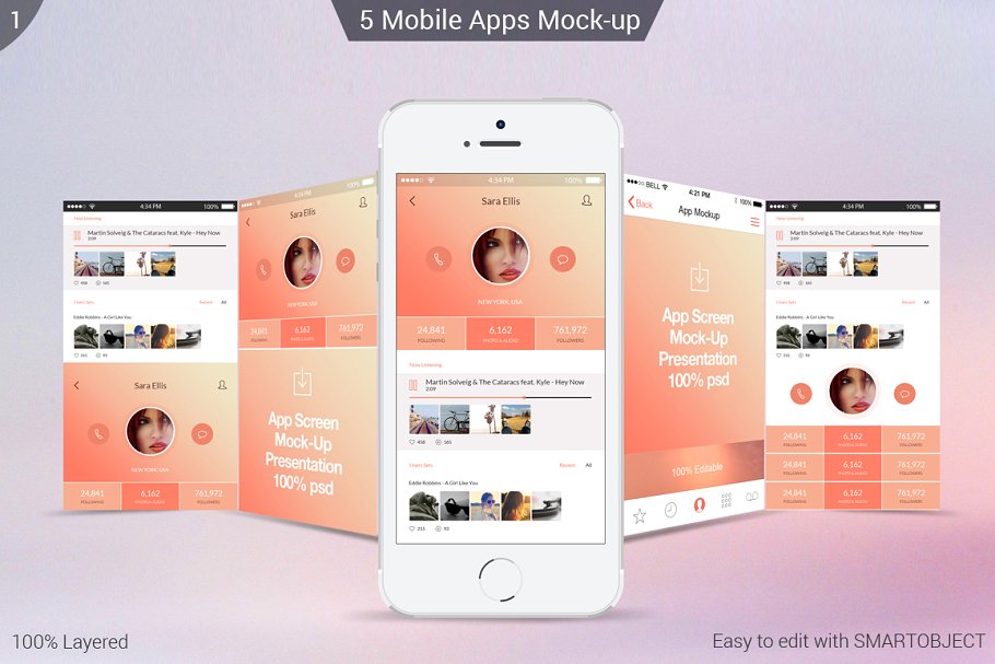 5 iPhone Apps Mockup PSD
