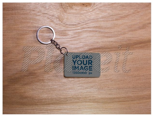 Keychain on Wooden Background Mockup