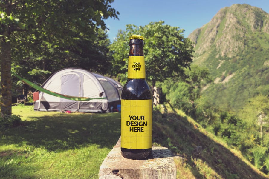 Beer Bottle Mockup in Camping Scene