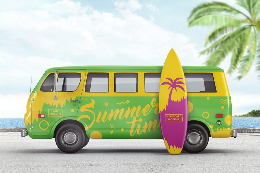 Van and Surfboard Branding Mockup
