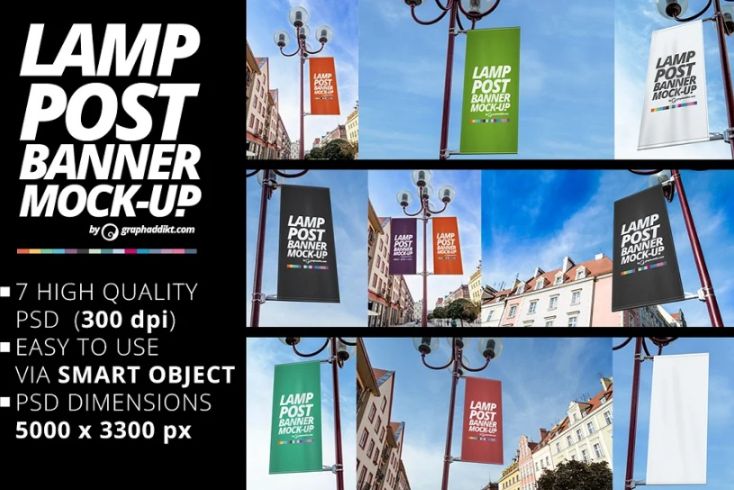 7 Lamp Post Banner Mockups Set