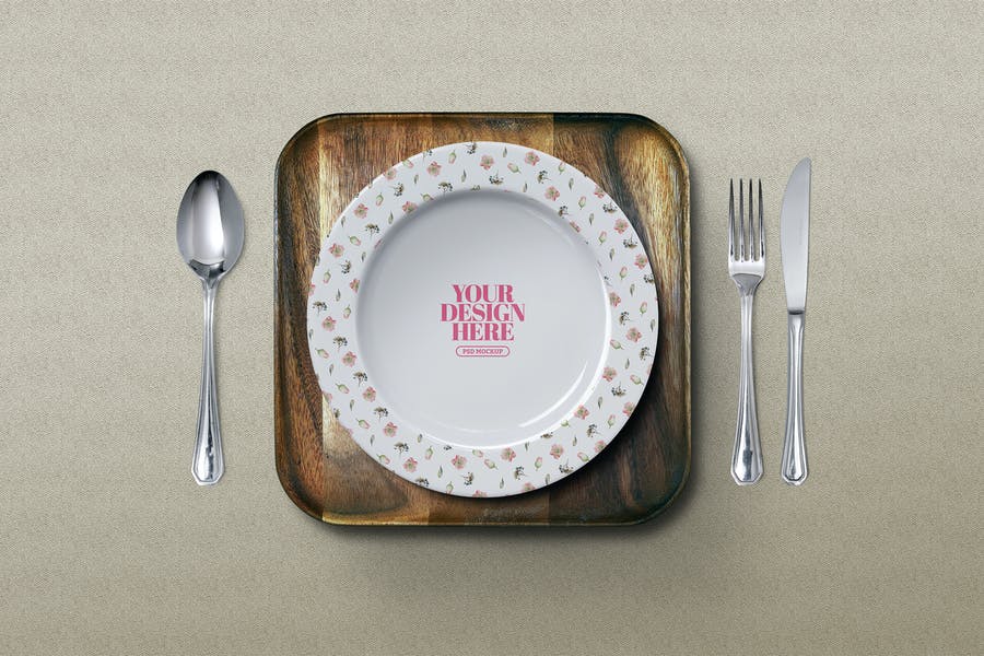 Dinner Plate on Wooden Tray Mockup