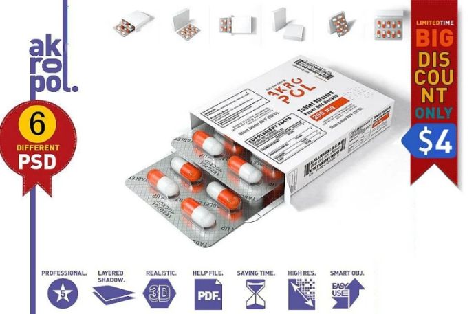 6 Unique Pills Packaging Mockup
