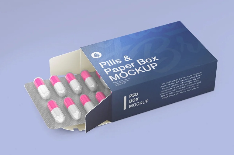 Paper Box with Pills Mockup PSD