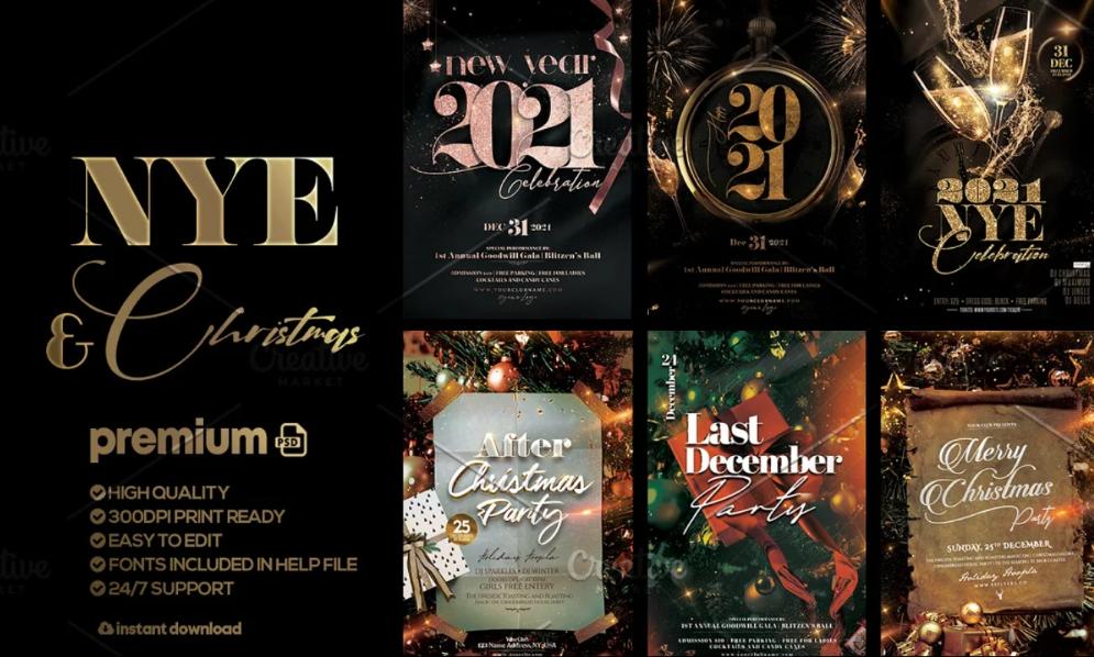 NYE and Christmas Party Flyers Set